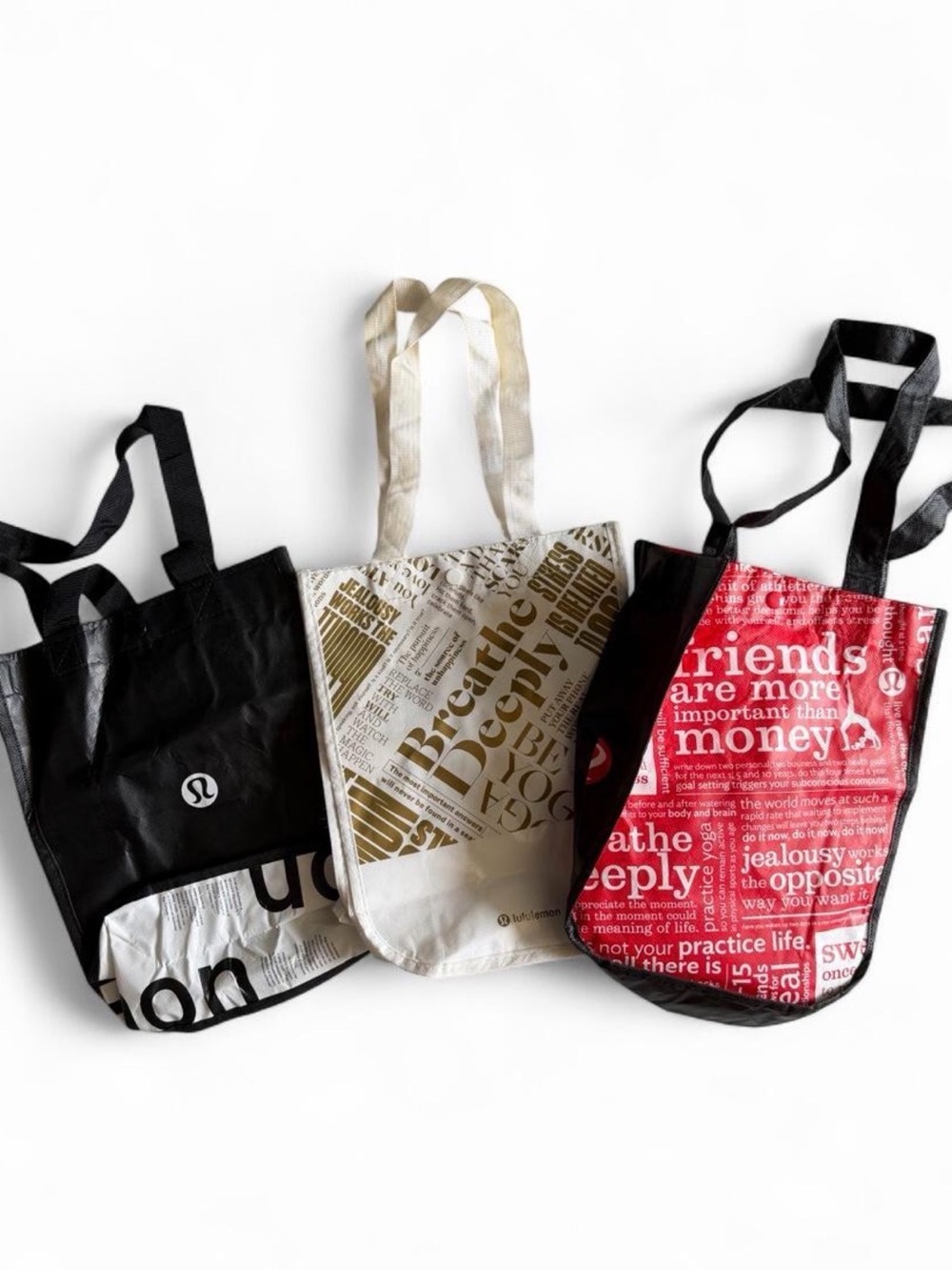 Lululemon athletica Reusable Tote Bag - Black, Gold/Beige, Red | Set of Three